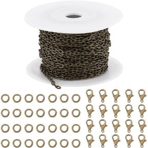 SUNNYCLUE 32.8Feet/ 10m Antique Bronze Chains Bulk Jewelry Chain Roll Textured Cable Chain Spool 5x3.5mm Chain Links Curb Chain 20Pcs Lobster Claw Clasps 50Pcs Open Jump Rings for Jewelry Making Kits