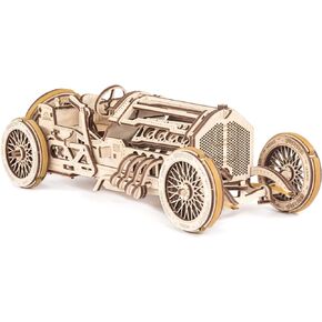 UGEARS U-9 Grand Prix Car Wooden Model (DIY Building Kit) Hand-Crank Powered Vehicle w/Working Pistons, Wheels, Shocks | Functional, Authentic Racing Design