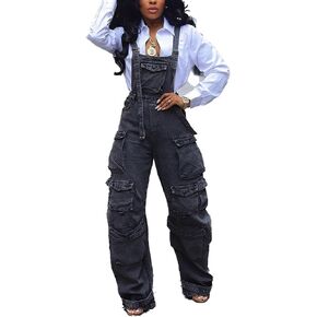 LETSVDO Women's Cargo Denim Overall Jumpsuit Wide Leg Bib Loose Baggy Stretch Casual Jean Overalls Romper Cargo Pants