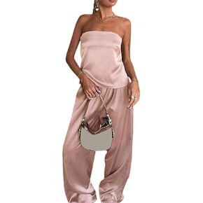 Women Satin Tube Top Pants Set 2 Piece Backless Lace Up Tube Top Wide Leg Maxi Pants Y2k Clubwear Party Sets