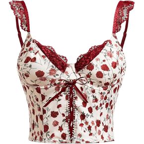 SHENHE Women's Lace Trim Floral Bustier Top Lace Up Sweetheart Neck Cute Crop Cami Top
