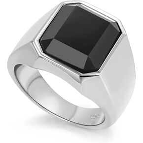 Mens Black Onyx Rings Real 925 Sterling Silver Vintage Square Agate Stone Rings, Anillos De Hombre, Men's Ring for Men Boys