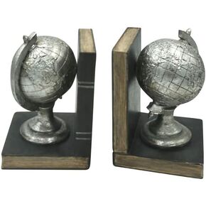 Comfy Hour Farmhouse Collection 5" Length 7" Height Set of 2 Tellurion Globe Art Bookends, 1 Pair, Antique Style, Solid Heavy Weight, Silvery, Polyresin