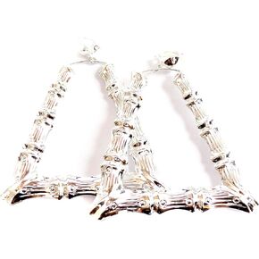 Clip-on Earrings Bamboo Triangle Silver Tone Hoop Earrings 3.5 inch