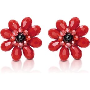 Aeravida Colorful Tropical Garden Vibrant Red Crystal Flower Beaded Clip-On Earrings | Elegant Jewelry Wire | Flower Clip-on Earrings | Trendy Clip-on Earrings | Gift for Daughter