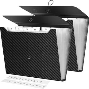 Patelai 13 Pocket Expanding File Folder with Tab Inserts File Folder Organizer Paper Document Receipt Organizer Folders A4 Letter Size for Classroom, Home, Office and Travel(Black, 2 Pcs)