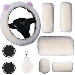 9 Pack Cute Bear Fluffy Steering Wheel Cover for Women,LXPKKIG Cute Fuzzy Steering Wheel Cover for Women Girls,Fluffy Car Accessories Set for Women Universal 15 Inch (Black)