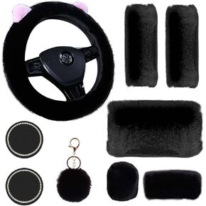 9 Pack Cute Bear Fluffy Steering Wheel Cover for Women,LXPKKIG Cute Fuzzy Steering Wheel Cover for Women Girls,Fluffy Car Accessories Set for Women Universal 15 Inch (Black) in Saudi Arabia