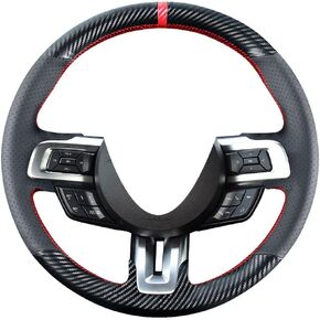 DIY Steering Wheel Cover Custom Fit for Ford Mustang 2015 2016 2017 2018 2019 2020 2021 15 inches Black Leather Carbon Fiber Interior Accessories