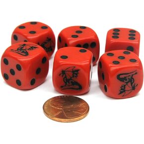 Set of 6 Dragon 16mm D6 Round Edge Koplow Creature Dice - Red with Black Pips