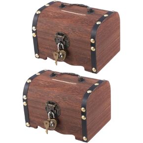 Angoily Small Wooden Box 2pcs Wooden Treasure Chest Kid Piggy Bank Vintage Coin Bank Jewelry Storage Box with Heart Locks Money Saving Jar Toys for Jewelry Money Coin Wooden Stash Box