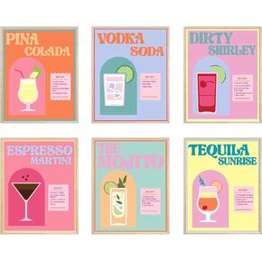 Cocktail Wall Art Set of 6 Retro Cocktail Bar Wall Decor Artwork Unframed Colorful Alcohol Drink Poster Prints for Bar Party Dorm Kitchen Living Room 8x10 Inch