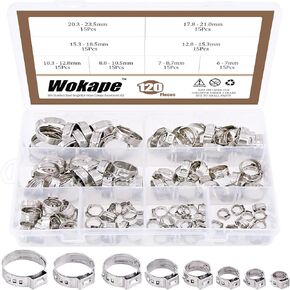 مجموعة متنوعة من 120 قطعة 304 من الفولاذ المقاوم للصدأ لخرطوم الأذن الفردي، 6 مم - 23.5 مم مشبك خرطوم تجعيد الأذن حلقات تثبيت بدون خطوات (1/4 بوصة - 15/16 بوصة) in Kuwait