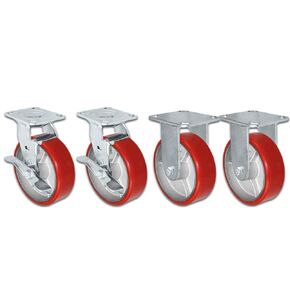 6" X 2" Swivel Caster Heavy Duty Red Polyurethane Wheel on Steel Hub with Brakes (2) and Fixed (2) 4,800lbs Per Set of 4 Tool Box Casters - CasterHQ Brand (6")