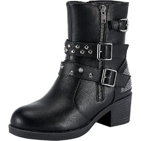 أحذية دريم أباريل النسائية لركوب الدراجات النارية مع سحابات جانبية مزدوجة، أحذية طويلة للكاحل من الجلد الصناعي الأسود مع أشرطة ثلاثية قابلة للتعديل، أحذية قصيرة عصرية للسيدات بكعب مكتنز in Kuwait