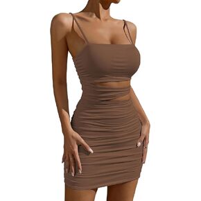 Women’s Bodycon Party Mini Dress: Sexy Hollow Out Strap Spaghetti - Summer Ruched Short Outfits 22521