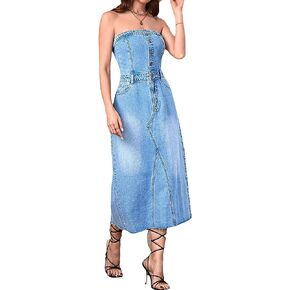 Women's Strapless Tube Denim Dress Sleeveless Split Hem Sexy Bodycon Denim Midi Dress