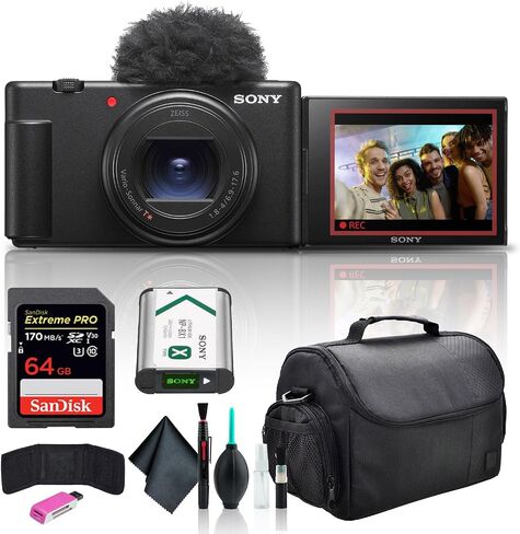 كاميرا Sony ZV-1 II Vlog لمنشئي المحتوى ومدوني الفيديو باللون الأسود ZV-1M2/B، بطاقة ذاكرة سعة 64 جيجابايت، قارئ بطاقات، حقيبة ناعمة فاخرة، حامل ثلاثي مرن، محفظة بطاقة الذاكرة، مجموعة تنظيف in Saudi Arabia