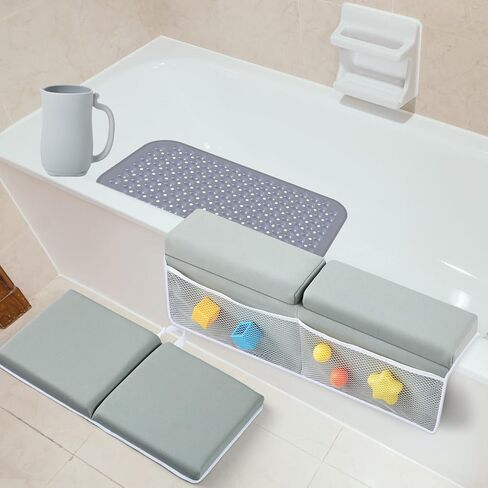 طقم وسادة مسند للركبة والكوع مكون من 4 قطع، بساط حوض استحمام غير قابل للانزلاق، كوب شطف للاستحمام في حوض الاستحمام، لوازم الاستحمام الأساسية، رمادي in Kuwait