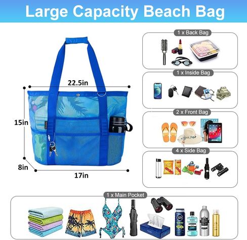 Mesh Beach Tote -Large Beach Bag Lightweight Travel Foldable Tote for Beach Accessories Travel Essentials in Saudi Arabia