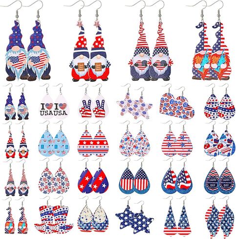 24 زوجًا من الأقراط الوطنية أقراط عيد الاستقلال الرابع من يوليو الأعلام الأمريكية الوطنية من الجلد الصناعي المتدلية بتلات جلدية خفيفة الوزن على شكل قطرة دمعة أقراط متدلية للنساء والفتيات in Kuwait