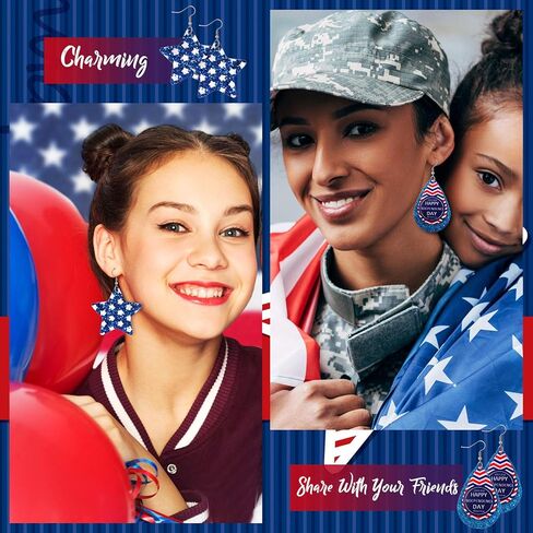 24 زوجًا من الأقراط الوطنية أقراط عيد الاستقلال الرابع من يوليو الأعلام الأمريكية الوطنية من الجلد الصناعي المتدلية بتلات جلدية خفيفة الوزن على شكل قطرة دمعة أقراط متدلية للنساء والفتيات in Kuwait