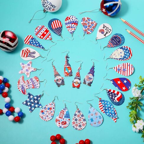 24 زوجًا من الأقراط الوطنية أقراط عيد الاستقلال الرابع من يوليو الأعلام الأمريكية الوطنية من الجلد الصناعي المتدلية بتلات جلدية خفيفة الوزن على شكل قطرة دمعة أقراط متدلية للنساء والفتيات in Kuwait