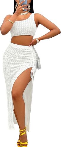 SOLY HUX Women's One Shoulder Crop Top and Split Thigh Maxi Skirt Cocktail Party Outfit 2 Piece Set in Saudi Arabia