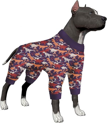 بيجامة LovinPet Pit Bull - بيجامة كبيرة للكلاب، قماش خفيف الوزن قابل للتمدد، طباعة ديناصور مموه باللونين الأرجواني والبرتقالي، قميص لتخفيف قلق الحيوانات الأليفة، ملابس Pjs للكلاب سهلة الارتداء، ملابس للكلاب للحفلات، أرجواني L in Kuwait