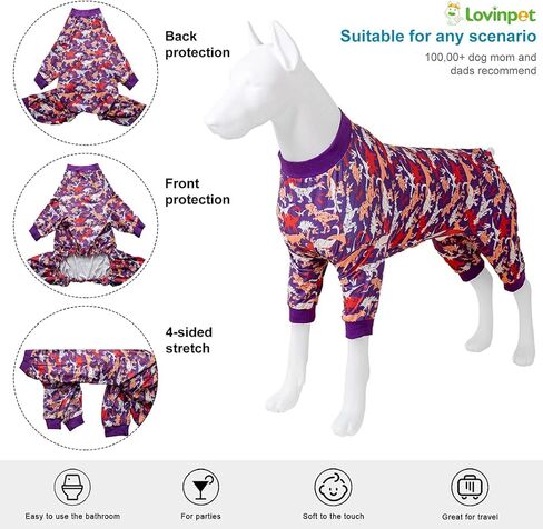 LovinPet Pit Bull Pajamas - Large Dog Pjs, Lightweight Stretchy Fabric, Purple and Orange Camo Dinosaur Print, Pet Anxiety Relief Shirt, Easy Wearing Dog Pjs, Dog Onesie for Party,Purple L in Saudi Arabia