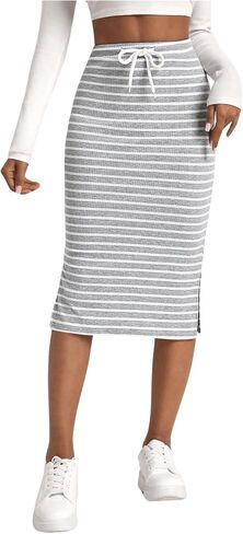 SHENHE Women's Striped Pencil Skirt with Slit Drawstring Waist Bodycon Knit Midi Skirt in Saudi Arabia