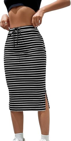 SHENHE Women's Striped Pencil Skirt with Slit Drawstring Waist Bodycon Knit Midi Skirt in Saudi Arabia