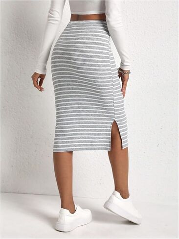 SHENHE Women's Striped Pencil Skirt with Slit Drawstring Waist Bodycon Knit Midi Skirt in Saudi Arabia