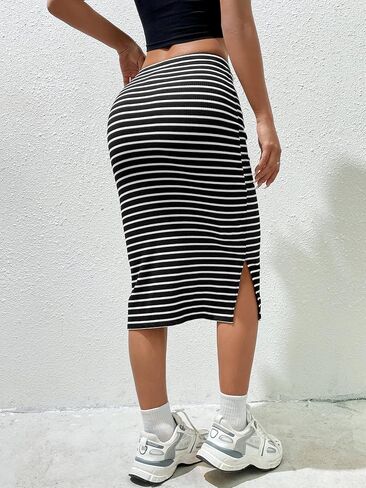 SHENHE Women's Striped Pencil Skirt with Slit Drawstring Waist Bodycon Knit Midi Skirt in Saudi Arabia