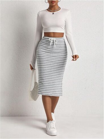 SHENHE Women's Striped Pencil Skirt with Slit Drawstring Waist Bodycon Knit Midi Skirt in Saudi Arabia