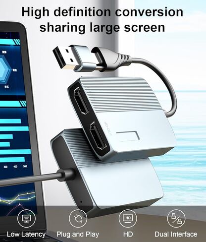 محول USB C/USB A 3.0 إلى HDMI مزدوج، مقسم USB إلى HDMI للشاشات المزدوجة، محول عرض ممتد لنظام التشغيل Windows Mac OS، محول رسومات فيديو عالمي 1080p@60 هرتز in Kuwait