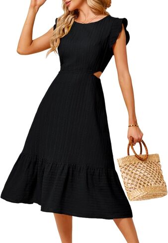 JASAMBAC Women's Summer Casual Tiered Dress Flutter Short Sleeve Dresses Elegant Flowy A Line Cut Out Boho Wedding Midi Dress in Saudi Arabia