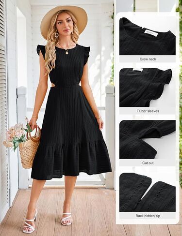 JASAMBAC Women's Summer Casual Tiered Dress Flutter Short Sleeve Dresses Elegant Flowy A Line Cut Out Boho Wedding Midi Dress in Saudi Arabia