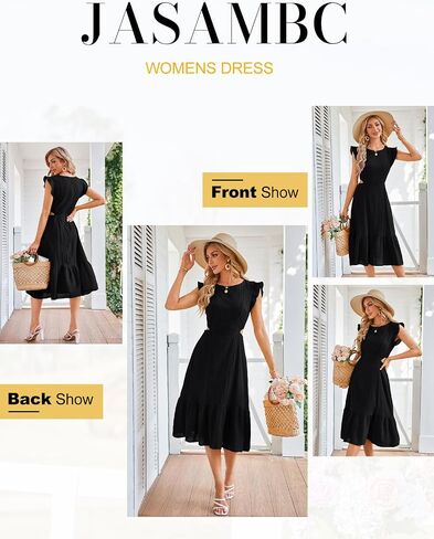 JASAMBAC Women's Summer Casual Tiered Dress Flutter Short Sleeve Dresses Elegant Flowy A Line Cut Out Boho Wedding Midi Dress in Saudi Arabia