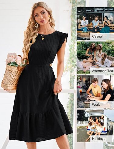 JASAMBAC Women's Summer Casual Tiered Dress Flutter Short Sleeve Dresses Elegant Flowy A Line Cut Out Boho Wedding Midi Dress in Saudi Arabia