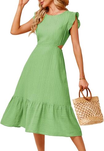 JASAMBAC Women's Summer Casual Tiered Dress Flutter Short Sleeve Dresses Elegant Flowy A Line Cut Out Boho Wedding Midi Dress in Saudi Arabia