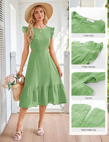 JASAMBAC Women's Summer Casual Tiered Dress Flutter Short Sleeve Dresses Elegant Flowy A Line Cut Out Boho Wedding Midi Dress in Saudi Arabia