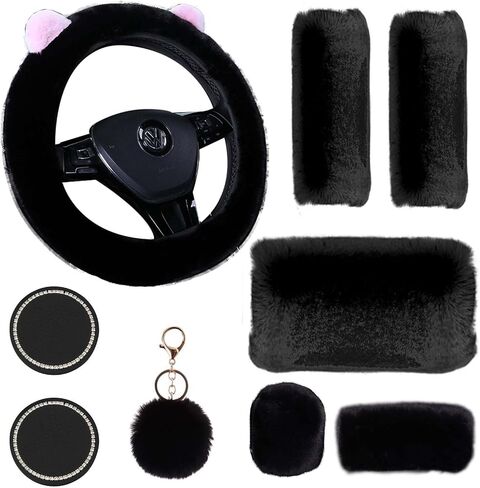 9 Pack Cute Bear Fluffy Steering Wheel Cover for Women,LXPKKIG Cute Fuzzy Steering Wheel Cover for Women Girls,Fluffy Car Accessories Set for Women Universal 15 Inch (Black) in Saudi Arabia
