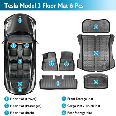 Floor Mats for Tesla Model 3 2021 2022 2023 All-Weather Custom Fit Interior Liners Waterproof Heavy Duty Floor Liners Front Real Seat Car Floor Mats Frunk Trunk Mats 6Pcs Full Set in Saudi Arabia