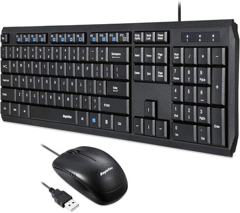 مجموعة لوحة المفاتيح والماوس السلكية Eagletec KM120 رفيعة ومسطحة وهادئة، لوحة مفاتيح مريحة كاملة الحجم مكونة من 104 مفاتيح وماوس صغير محمول لأجهزة الكمبيوتر التي تعمل بنظام Windows (مجموعة لوحة مفاتيح وماوس سلكية سوداء) in Kuwait