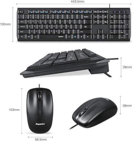 مجموعة لوحة المفاتيح والماوس السلكية Eagletec KM120 رفيعة ومسطحة وهادئة، لوحة مفاتيح مريحة كاملة الحجم مكونة من 104 مفاتيح وماوس صغير محمول لأجهزة الكمبيوتر التي تعمل بنظام Windows (مجموعة لوحة مفاتيح وماوس سلكية سوداء) in Kuwait