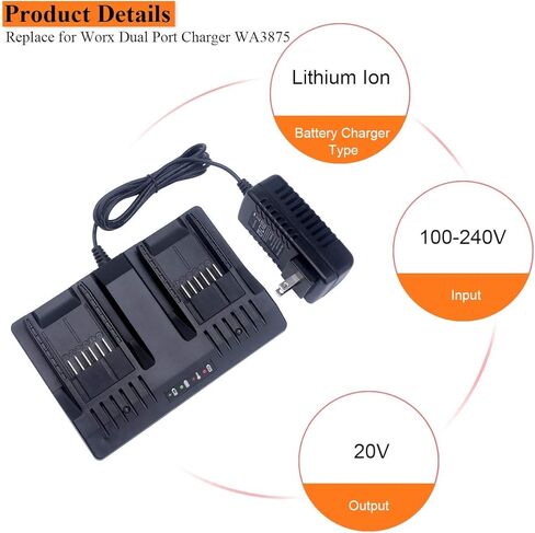 Dual Port WA3875 Charger for Worx 18V 20 Volt Lithium Battery, Compatible with WA3732, WA3742, WA3881, WA3847, WA3835, WA3764,WA3868 in Kuwait