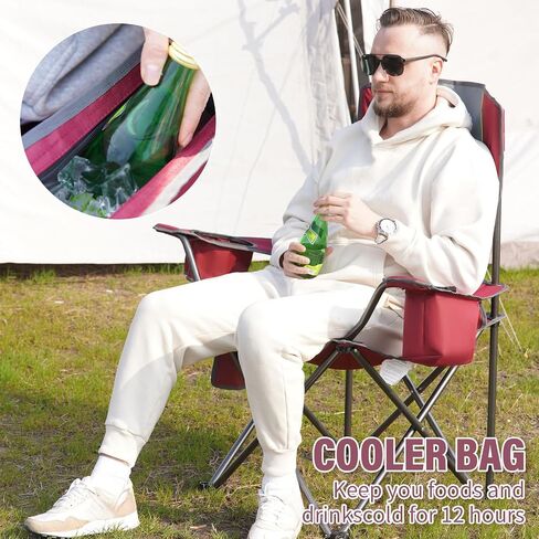 Oversized Camping Folding Chair, Heavy Duty Support 400 LBS Outdoor Folding Lawn Chair with Cup Holder/Cooler Bag/Side Pocket, Portable Chair for Sports Fishing (Red) in Saudi Arabia