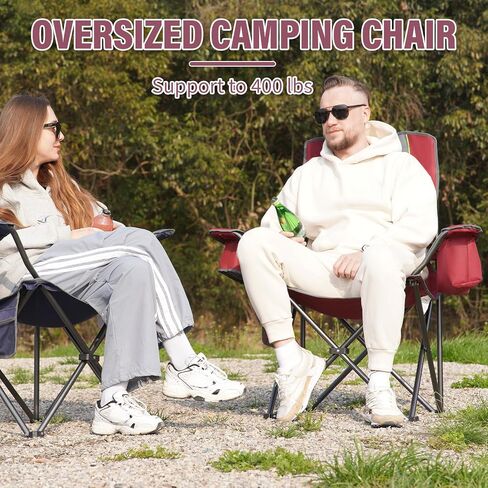 Oversized Camping Folding Chair, Heavy Duty Support 400 LBS Outdoor Folding Lawn Chair with Cup Holder/Cooler Bag/Side Pocket, Portable Chair for Sports Fishing (Red) in Saudi Arabia