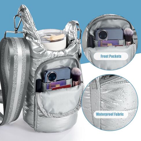Water Bottle Holder with Adjustable Wide Strap, Crossbody Puffer Water Bottle Bag, Quilted Water Bottle Carrier Bag, Silver Metallic in Saudi Arabia